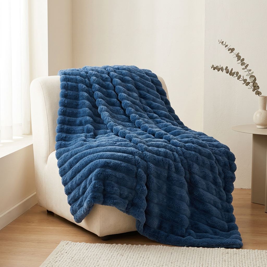 Mise en scène du plaid côtelé bleu.