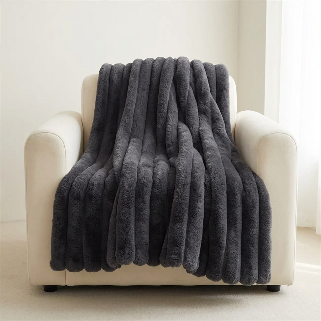 Mise en scène du plaid côtelé gris foncé.